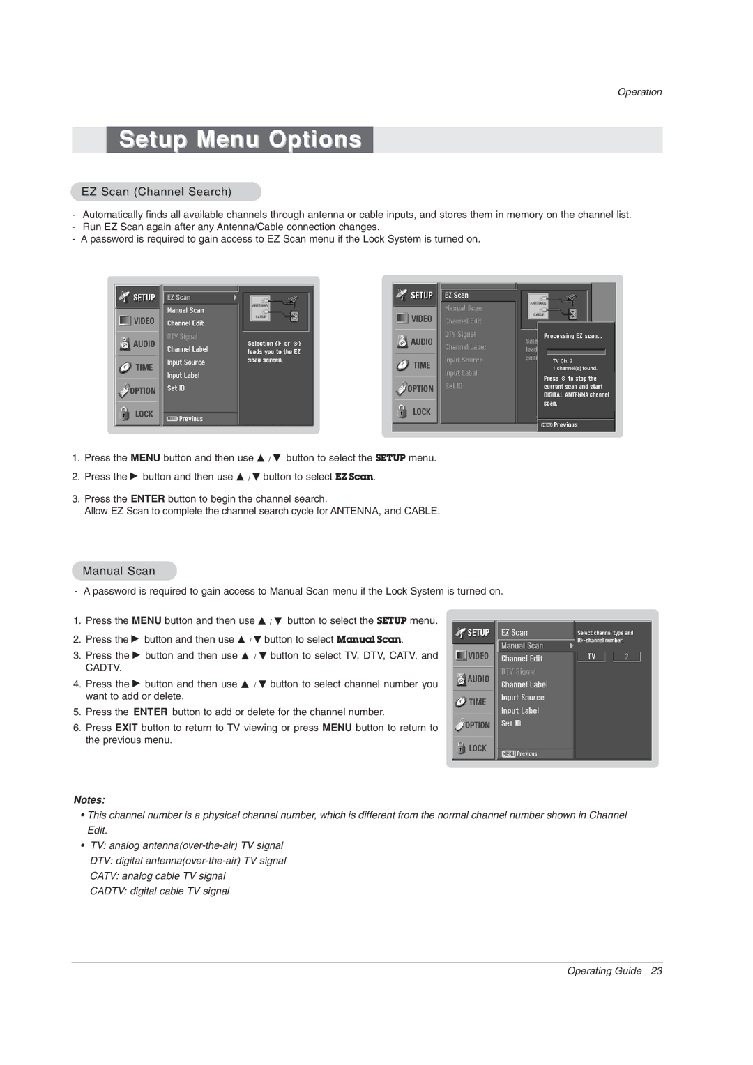 LG Electronics 50PX2DC-UD owner manual Setup Menu Options, EZ Scan Channel Search, Manual Scan 