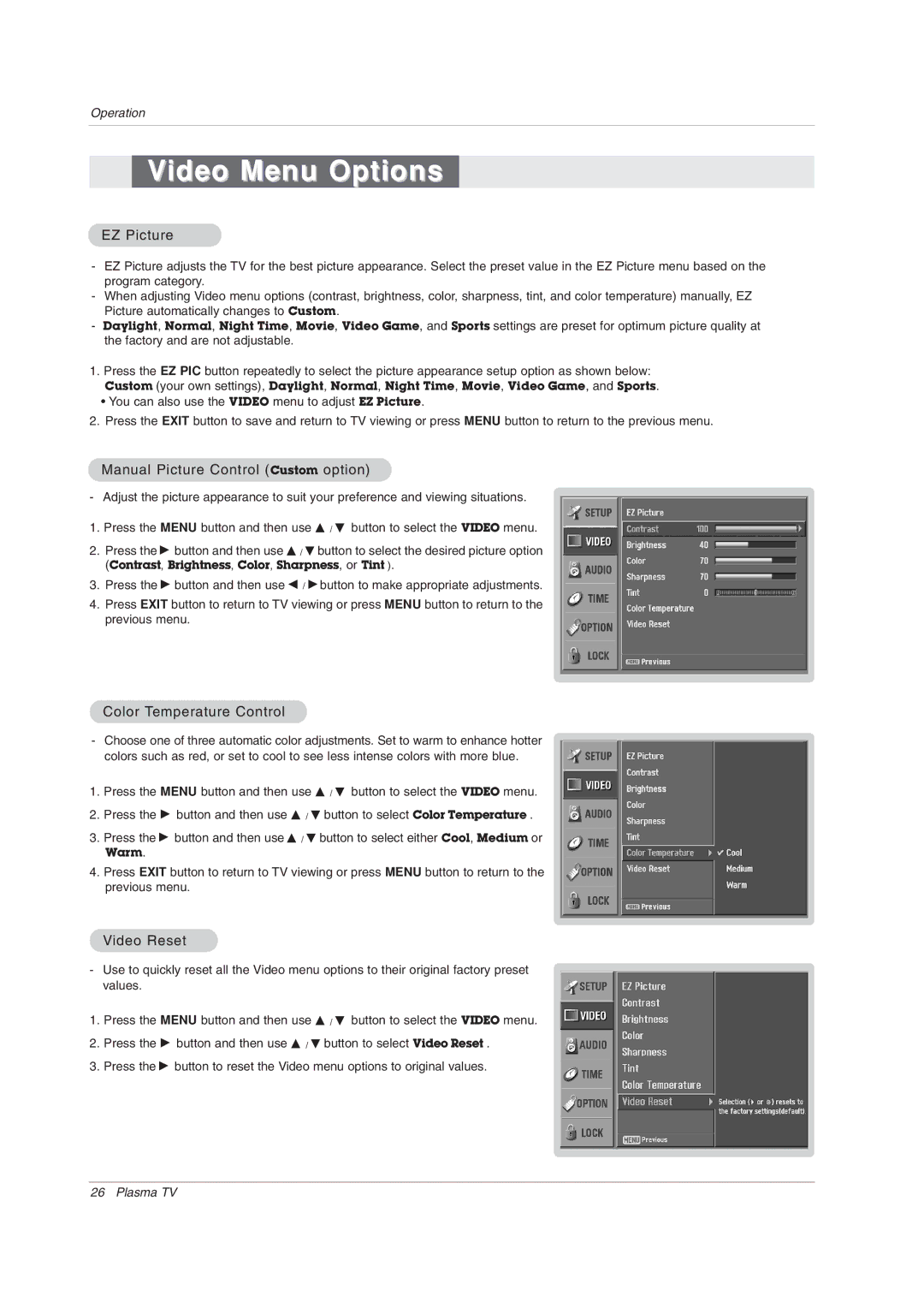 LG Electronics 50PX2DC-UD Video Menu Options, EZ Picture, Manual Picture Control Custom option, Color Temperature Control 