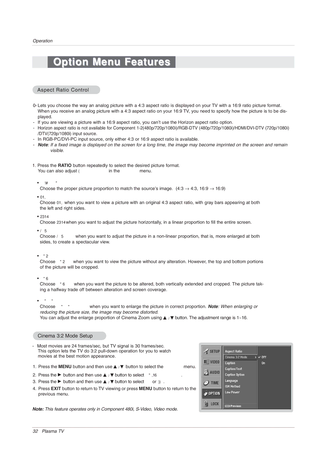 LG Electronics 50PX2DC-UD owner manual Option Menu Features, Aspect Ratio Control, Cinema 32 Mode Setup 