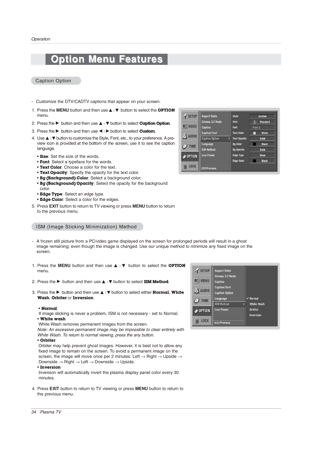 LG Electronics 50PX2DC-UD owner manual Caption Option, ISM Image Sticking Minimization Method 