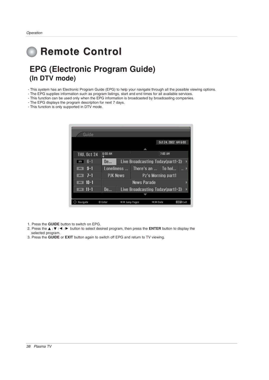 LG Electronics 50PX2DC-UD owner manual Remote Control, EPG Electronic Program Guide 