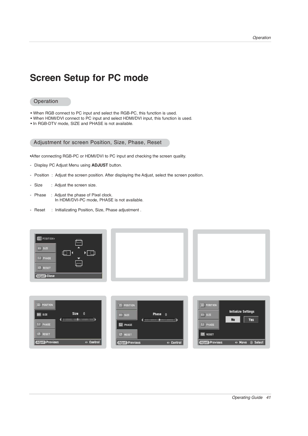 LG Electronics 50PX2DC-UD owner manual Screen Setup for PC mode, Operation 