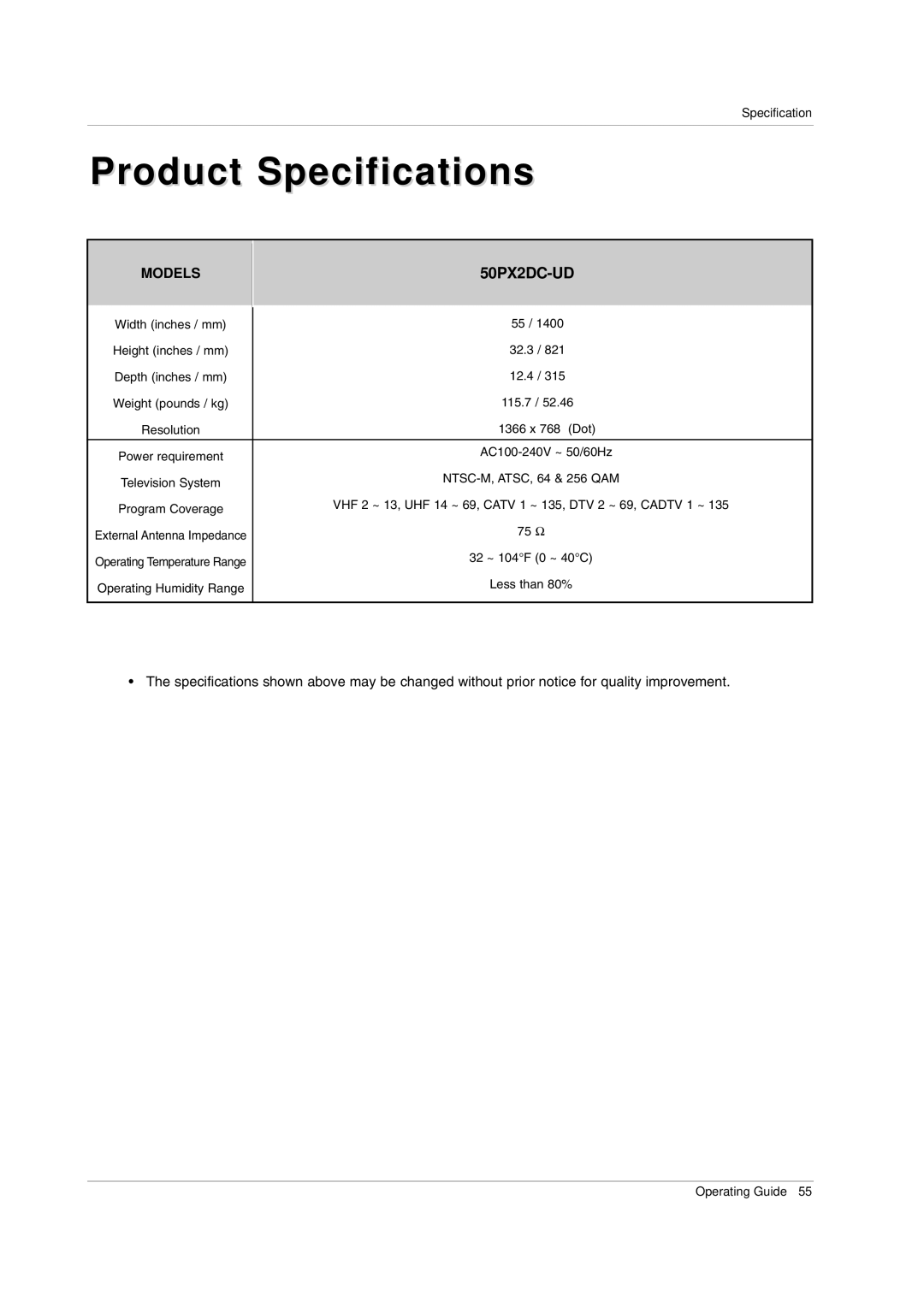 LG Electronics 50PX2DC-UD owner manual Product Specifications 