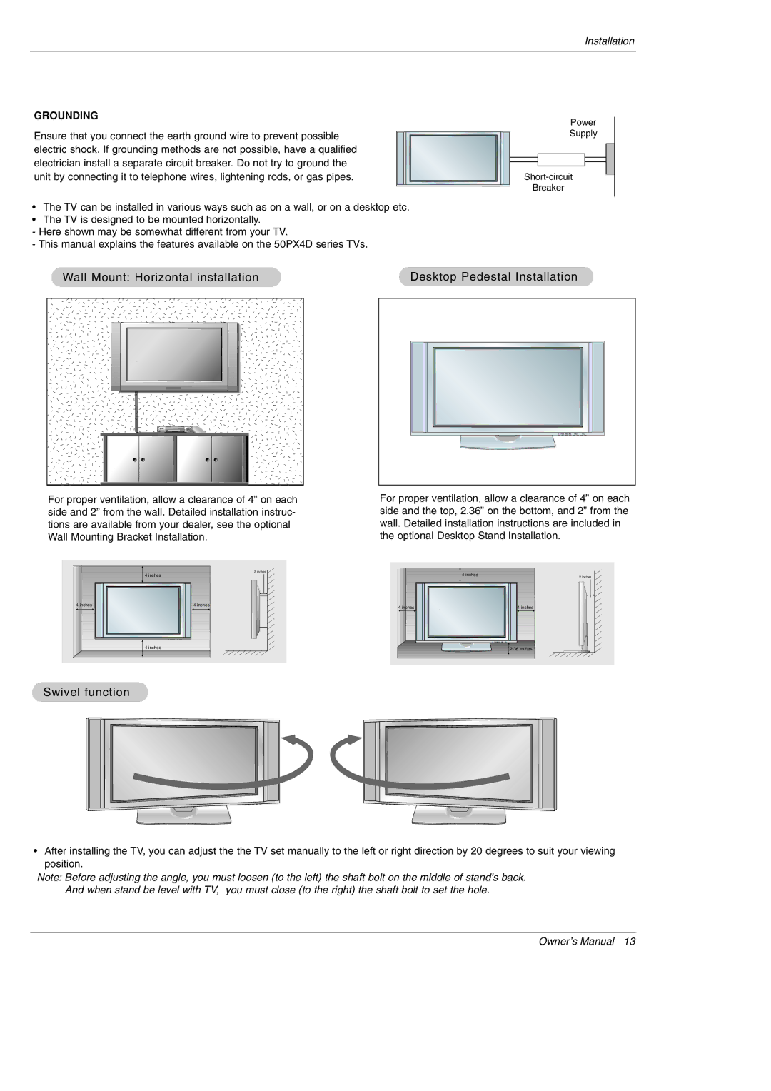 LG Electronics 50PX4D-UB, 50PX5D-UB owner manual Swivel function, Grounding 