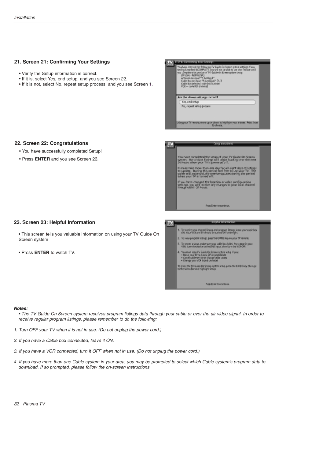 LG Electronics 50PX5D-UB Screen 21 Confirming Your Settings, Screen 22 Congratulations, Screen 23 Helpful Information 