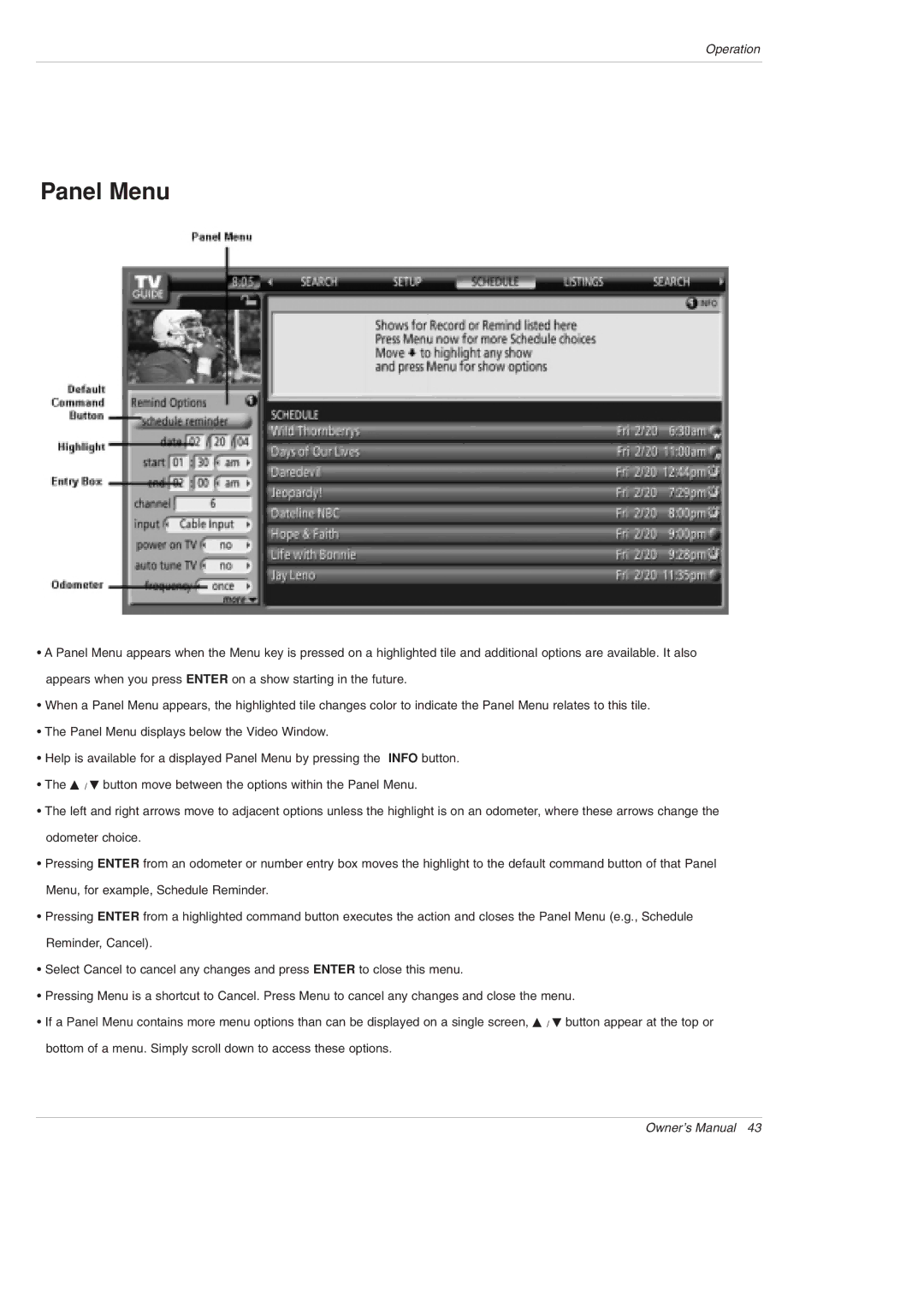 LG Electronics 50PX4D-UB, 50PX5D-UB owner manual Panel Menu 