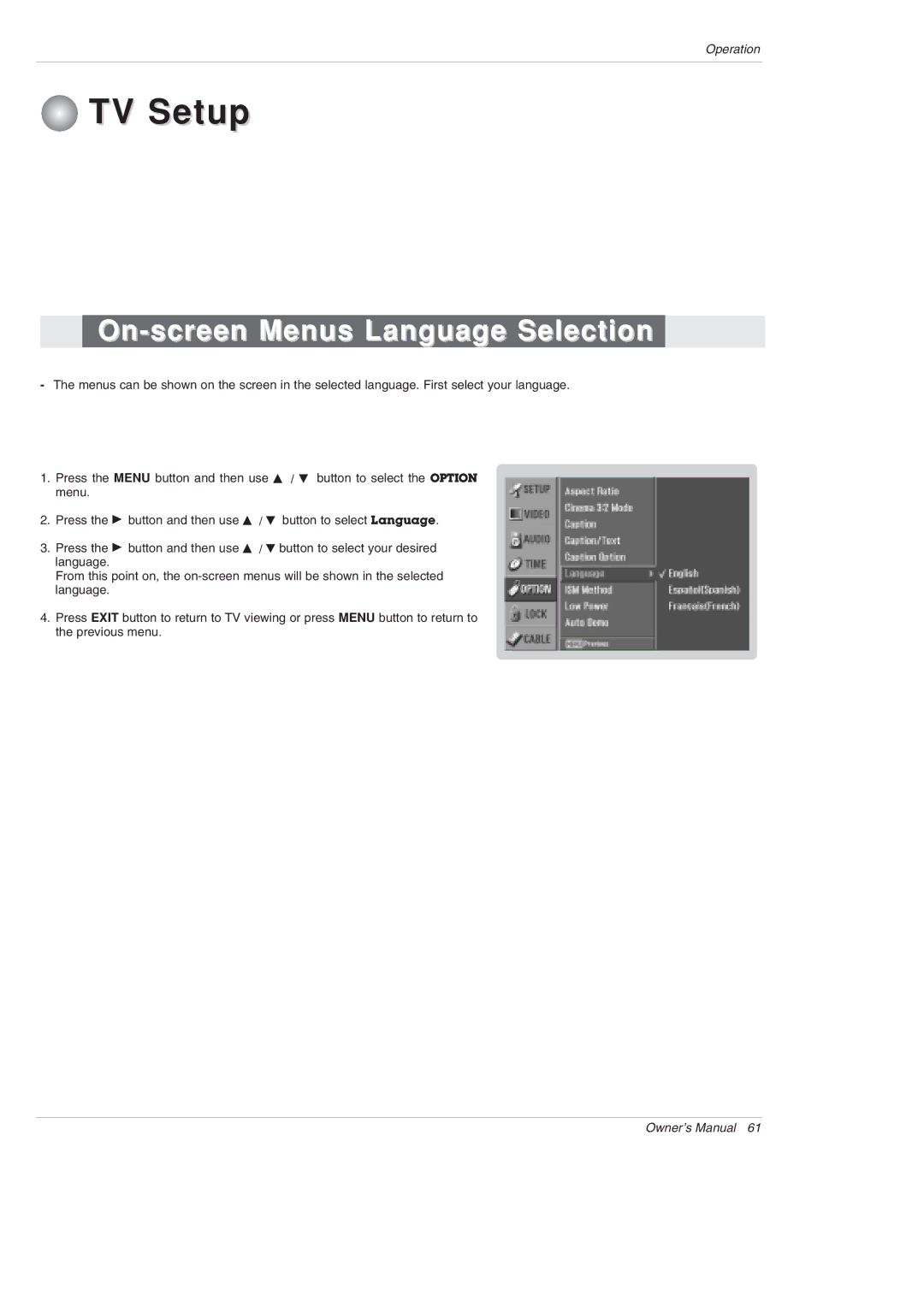 LG Electronics 50PX4D-UB, 50PX5D-UB owner manual TV Setup, On-screen Menus Language Selection 