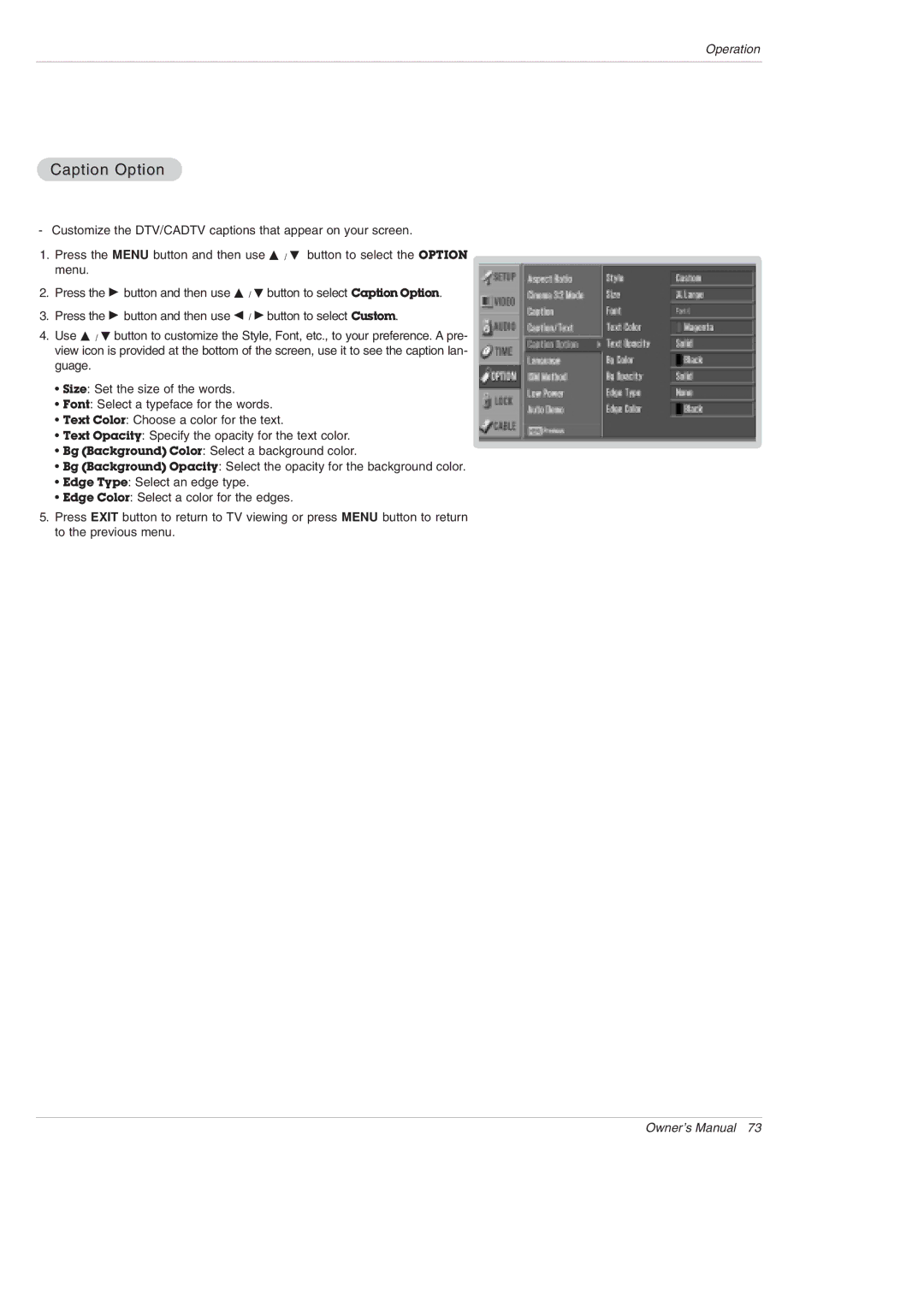 LG Electronics 50PX4D-UB, 50PX5D-UB owner manual Caption Option 