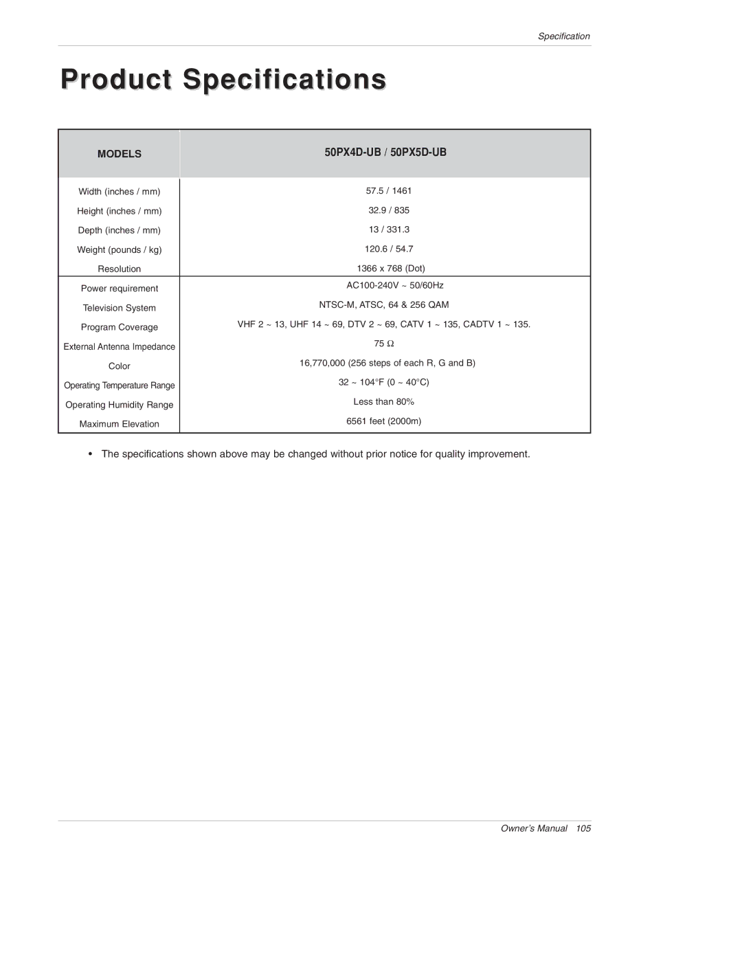 LG Electronics 50PX4D, 50PX5D, 50PX4D-UB, 50PX5D-UB owner manual 1366 x 768 Dot, AC100-240V ~ 50/60Hz 