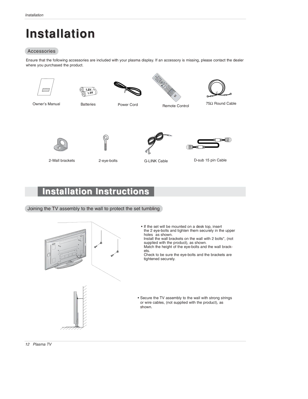 LG Electronics 50PX4D, 50PX5D, 50PX4D-UB, 50PX5D-UB owner manual Installation Instructions, Accessories 