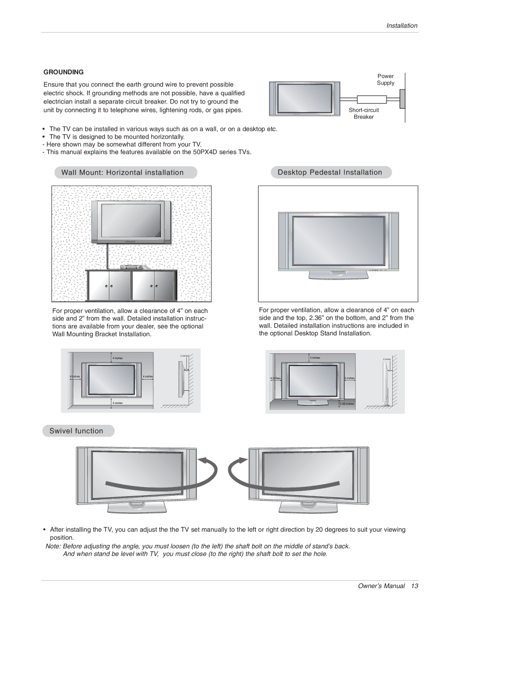 LG Electronics 50PX4D, 50PX5D, 50PX4D-UB, 50PX5D-UB owner manual Swivel function, Grounding 