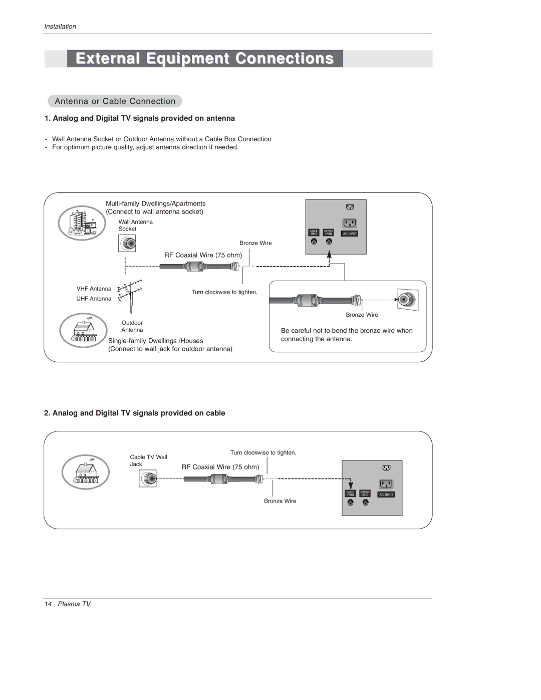 LG Electronics 50PX4D, 50PX5D, 50PX4D-UB, 50PX5D-UB External Equipment Connections, Antenna or Cable Connection 