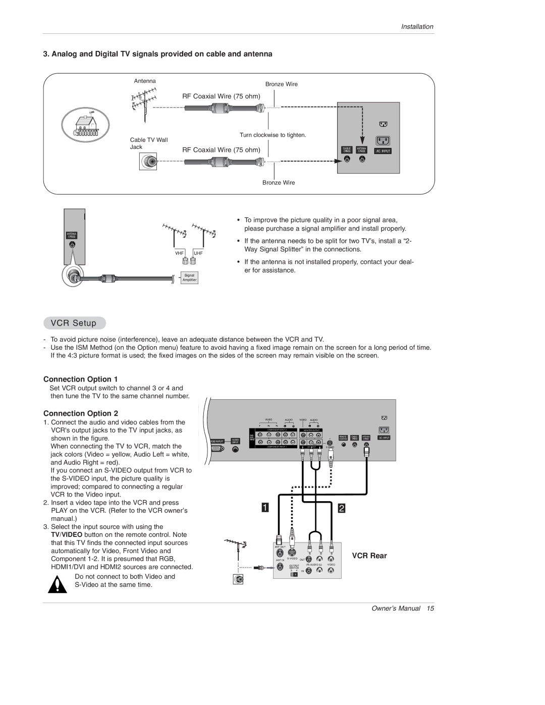 LG Electronics 50PX4D, 50PX5D, 50PX4D-UB, 50PX5D-UB VCR Setup, Analog and Digital TV signals provided on cable and antenna 