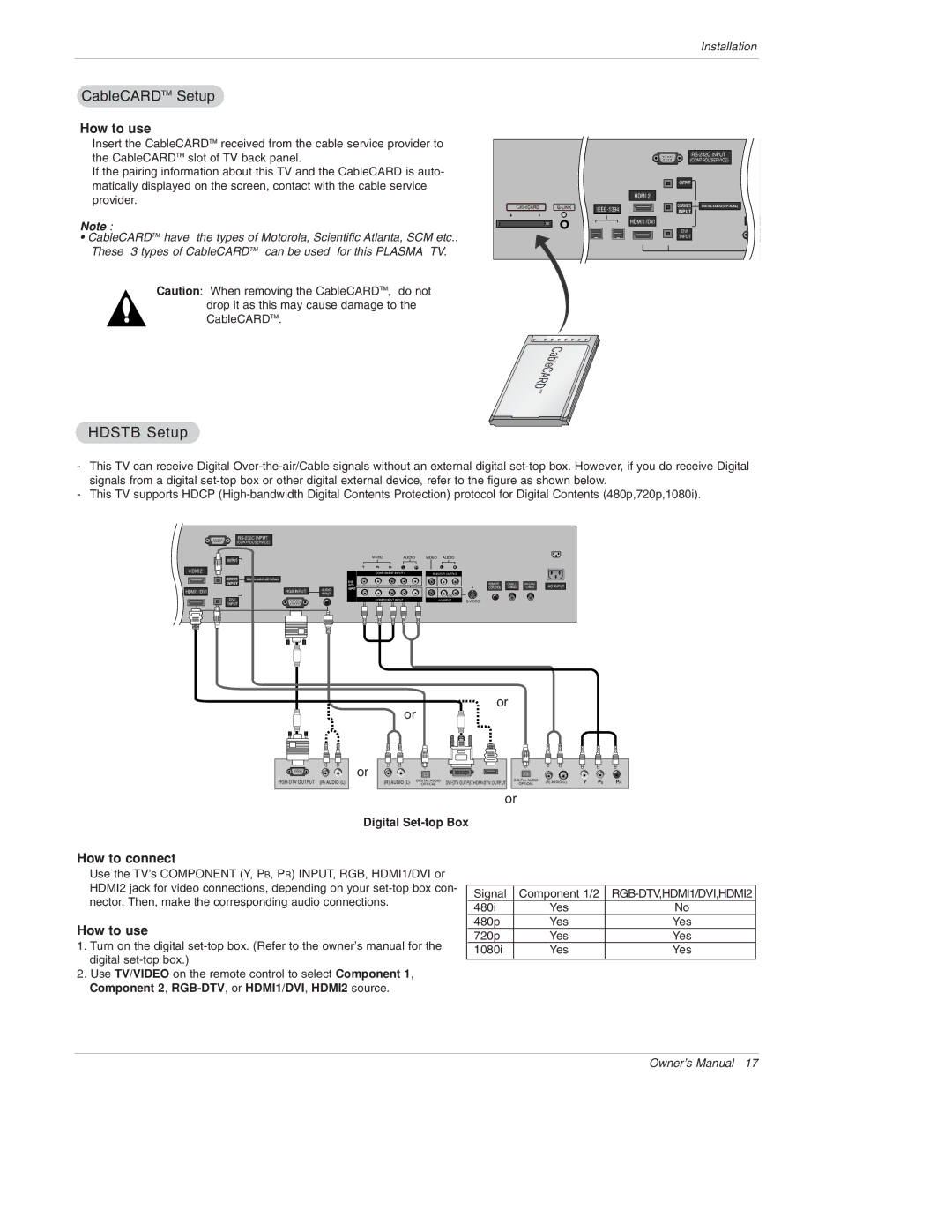 LG Electronics 50PX4D, 50PX5D, 50PX4D-UB, 50PX5D-UB owner manual CableCARDTM Setup, Hdstb Setup, Digital Set-top Box 