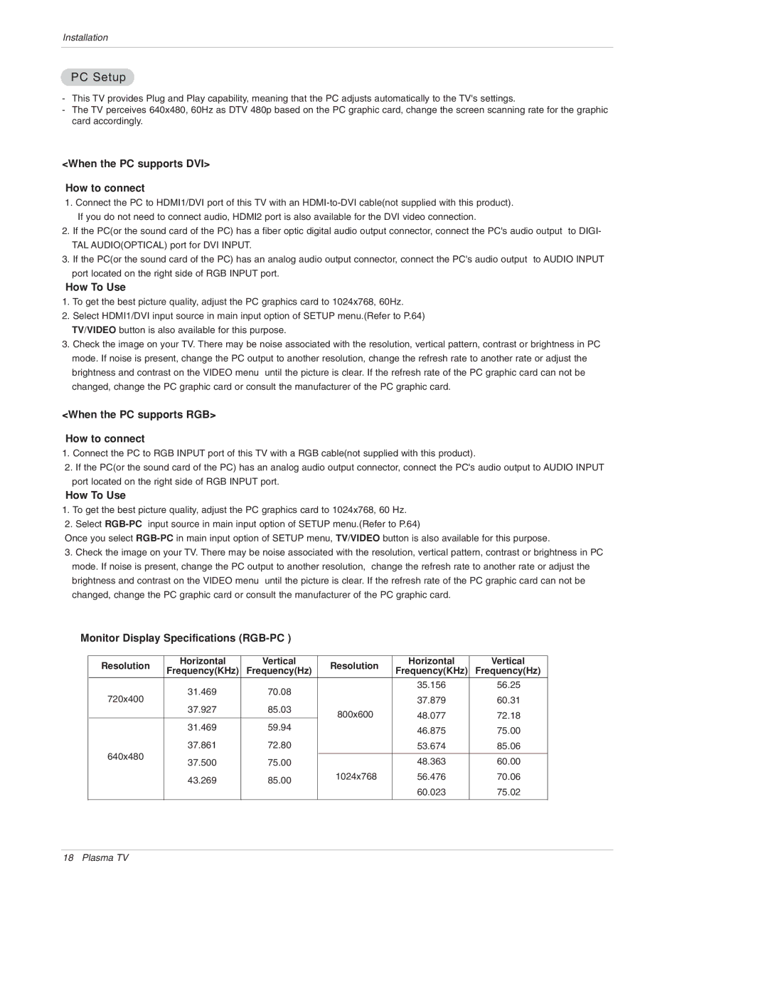 LG Electronics 50PX4D, 50PX5D, 50PX4D-UB, 50PX5D-UB owner manual PC Setup, When the PC supports DVI How to connect 