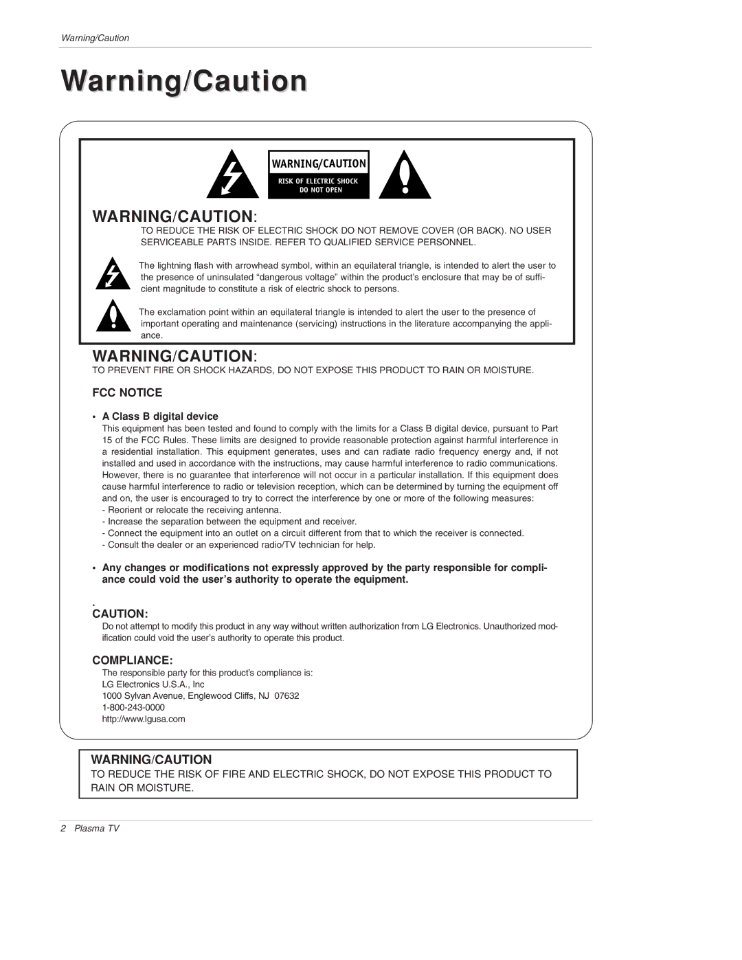 LG Electronics 50PX4D, 50PX5D, 50PX4D-UB, 50PX5D-UB owner manual FCC Notice, Class B digital device 