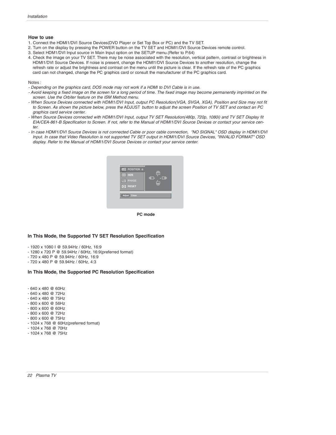 LG Electronics 50PX4D, 50PX5D, 50PX4D-UB, 50PX5D-UB This Mode, the Supported TV SET Resolution Specification, PC mode 