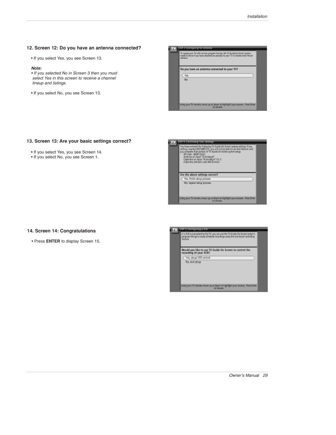 LG Electronics 50PX4D, 50PX5D, 50PX4D-UB, 50PX5D-UB Screen 12 Do you have an antenna connected?, Screen 14 Congratulations 