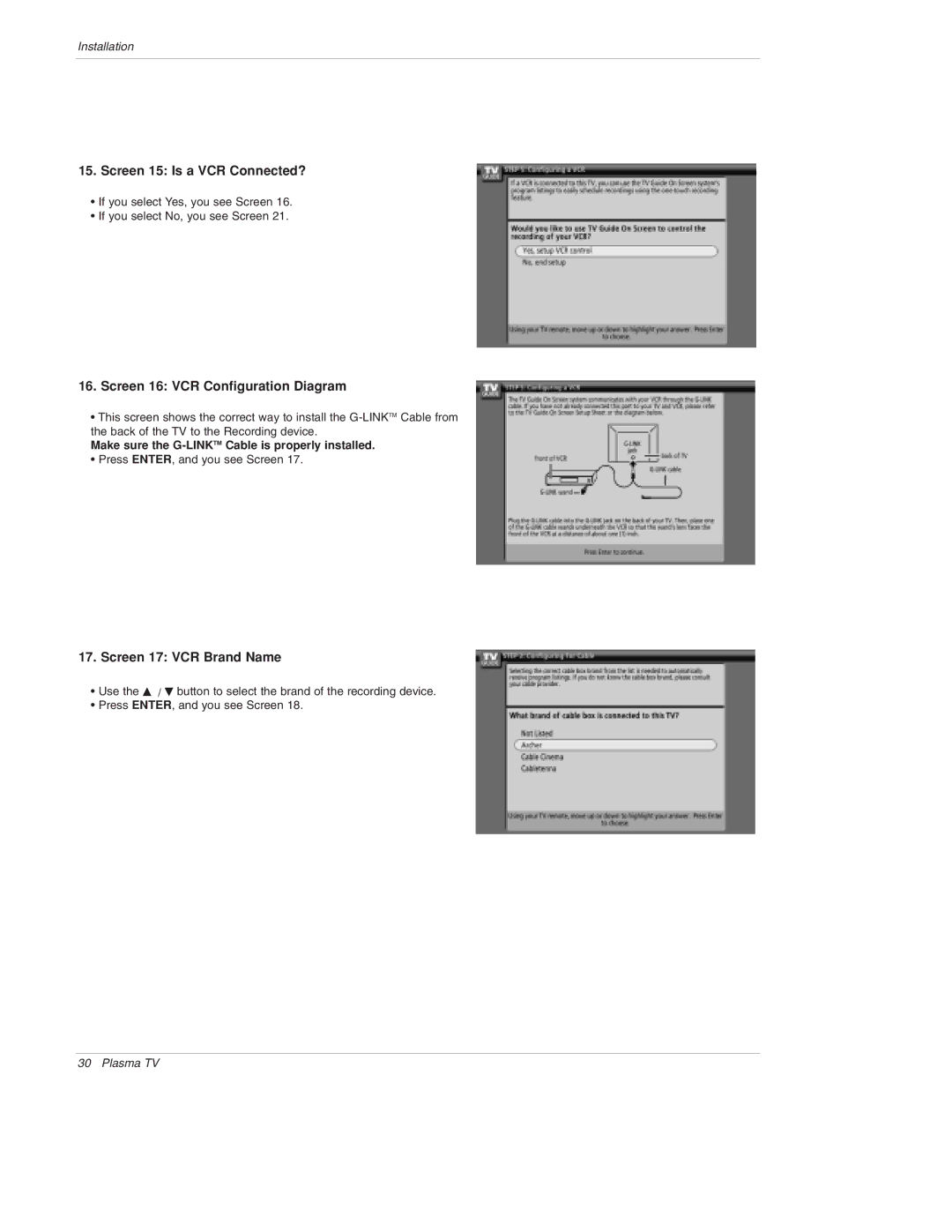 LG Electronics 50PX4D, 50PX5D, 50PX4D-UB, 50PX5D-UB Screen 15 Is a VCR Connected?, Screen 16 VCR Configuration Diagram 