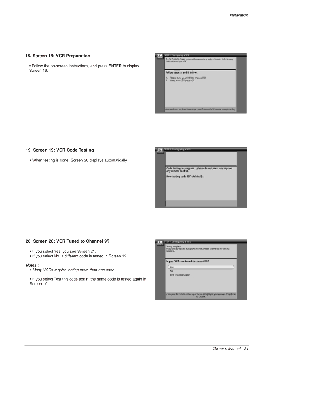 LG Electronics 50PX4D, 50PX5D, 50PX4D-UB, 50PX5D-UB owner manual Screen 18 VCR Preparation, Screen 19 VCR Code Testing 