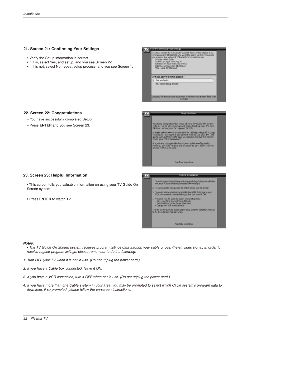 LG Electronics 50PX4D, 50PX5D, 50PX4D-UB, 50PX5D-UB Screen 21 Confirming Your Settings, Screen 22 Congratulations 