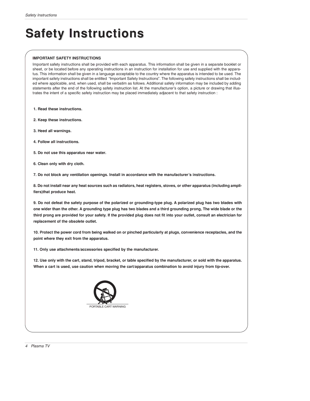 LG Electronics 50PX4D, 50PX5D, 50PX4D-UB, 50PX5D-UB owner manual Safety Instructions 