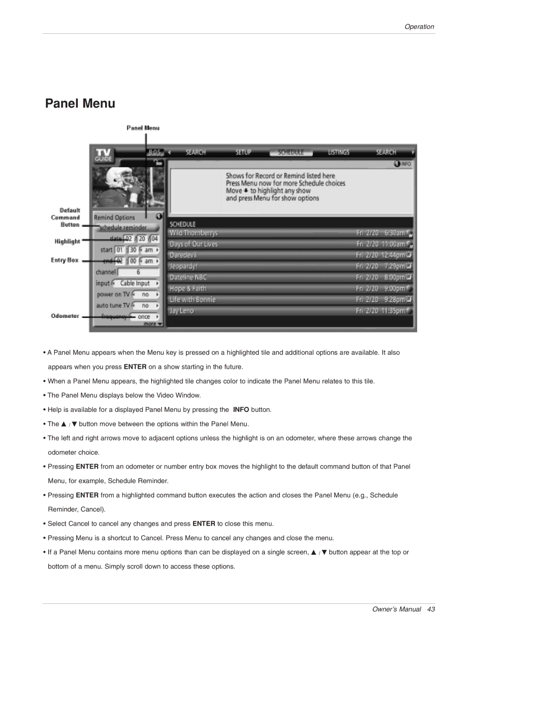 LG Electronics 50PX4D, 50PX5D, 50PX4D-UB, 50PX5D-UB owner manual Panel Menu 