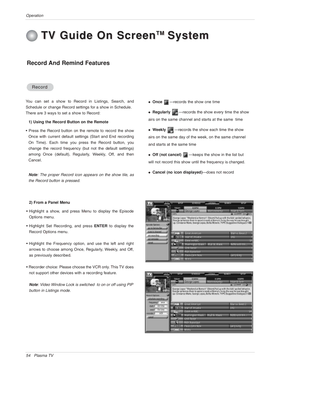 LG Electronics 50PX4D, 50PX5D, 50PX4D-UB, 50PX5D-UB Using the Record Button on the Remote, From a Panel Menu 