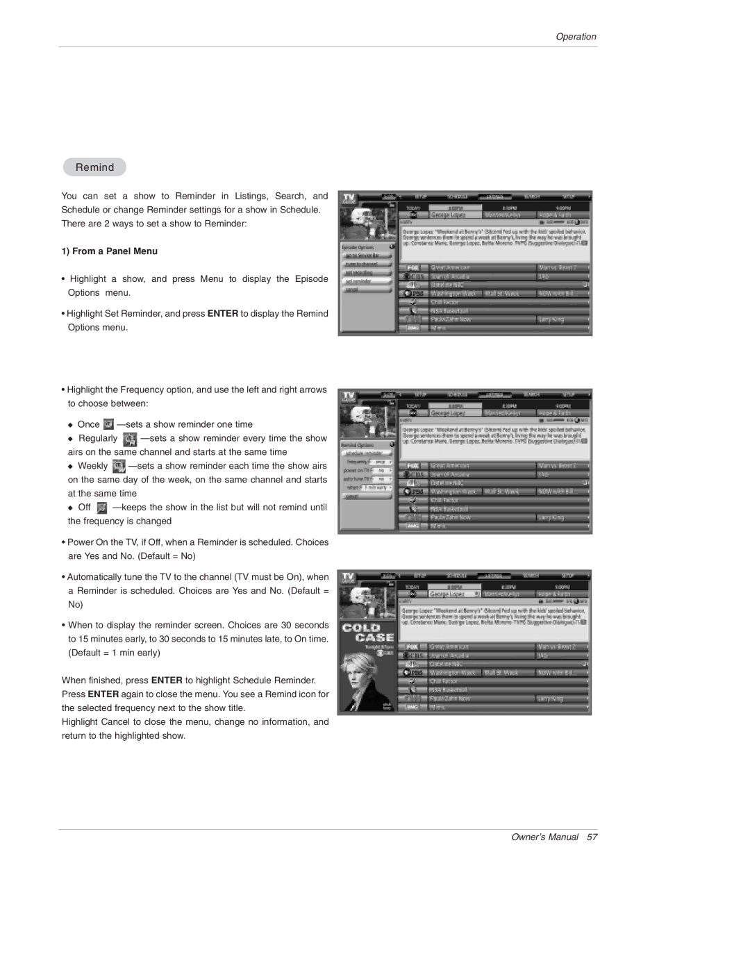 LG Electronics 50PX4D, 50PX5D, 50PX4D-UB, 50PX5D-UB owner manual Remind, From a Panel Menu 