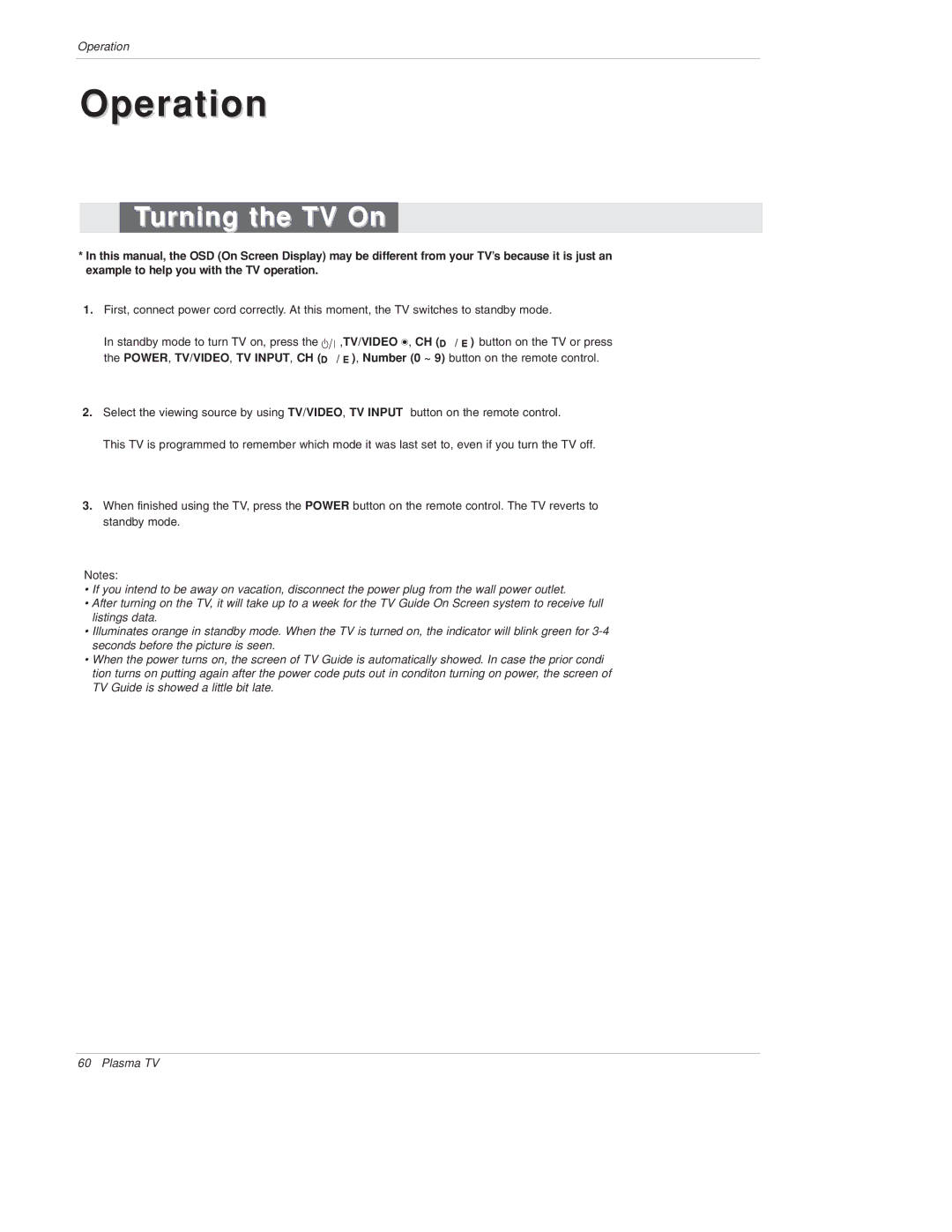 LG Electronics 50PX4D, 50PX5D, 50PX4D-UB, 50PX5D-UB owner manual Operation, Turning the TV On 