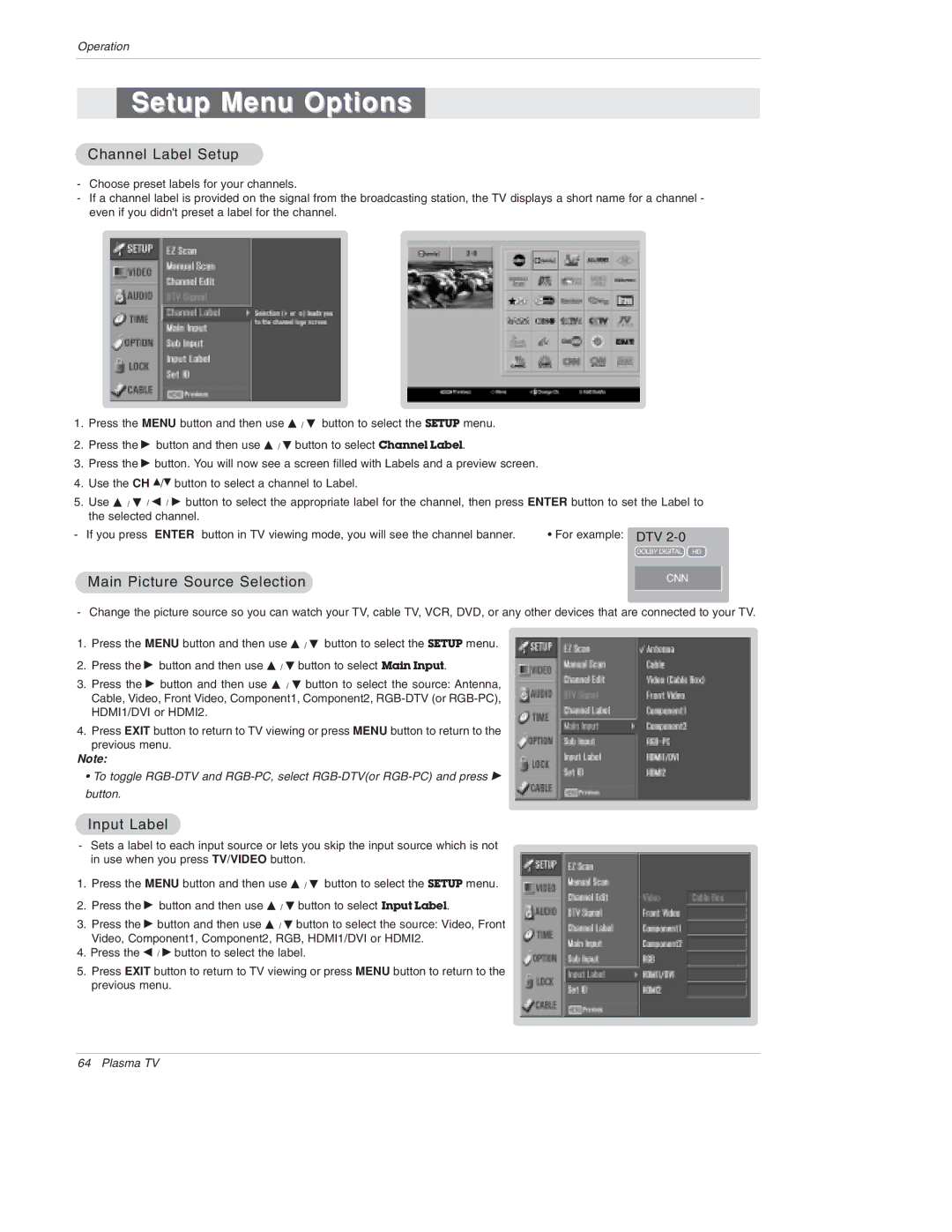 LG Electronics 50PX4D, 50PX5D, 50PX4D-UB, 50PX5D-UB Channel Label Setup, Main Picture Source Selection, Input Label 