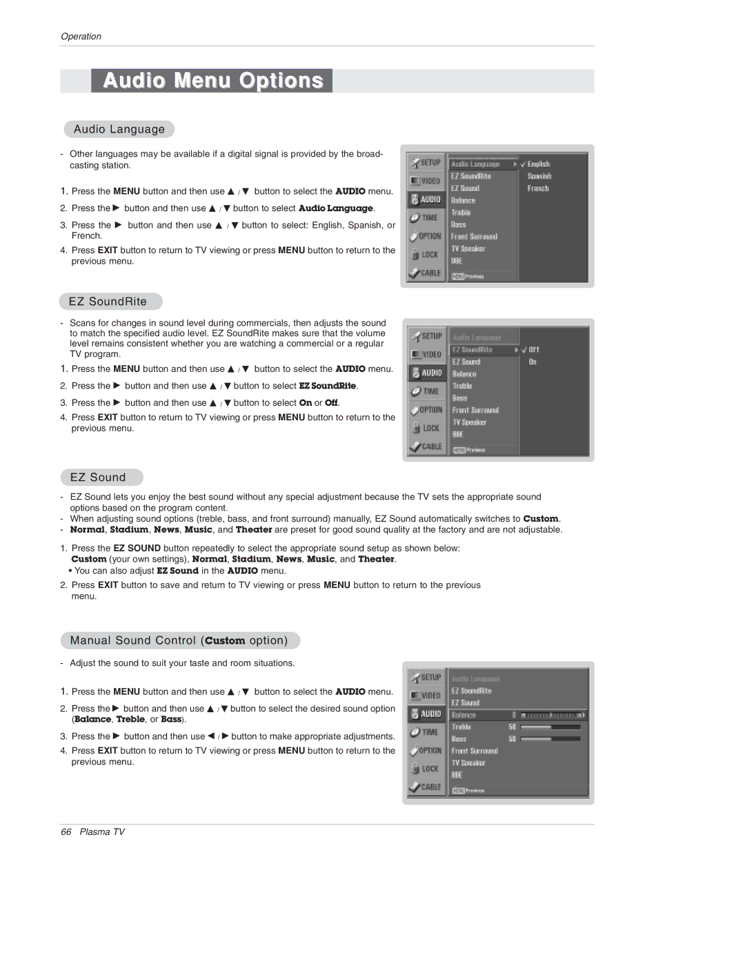 LG Electronics 50PX4D, 50PX5D, 50PX4D-UB, 50PX5D-UB owner manual Audio Menu Options, Audio Language, EZ SoundRite 