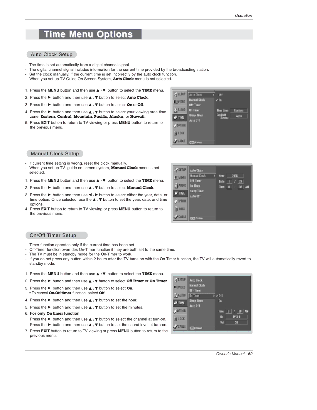 LG Electronics 50PX4D, 50PX5D, 50PX4D-UB, 50PX5D-UB owner manual Time Menu Options, Auto Clock Setup, Manual Clock Setup 