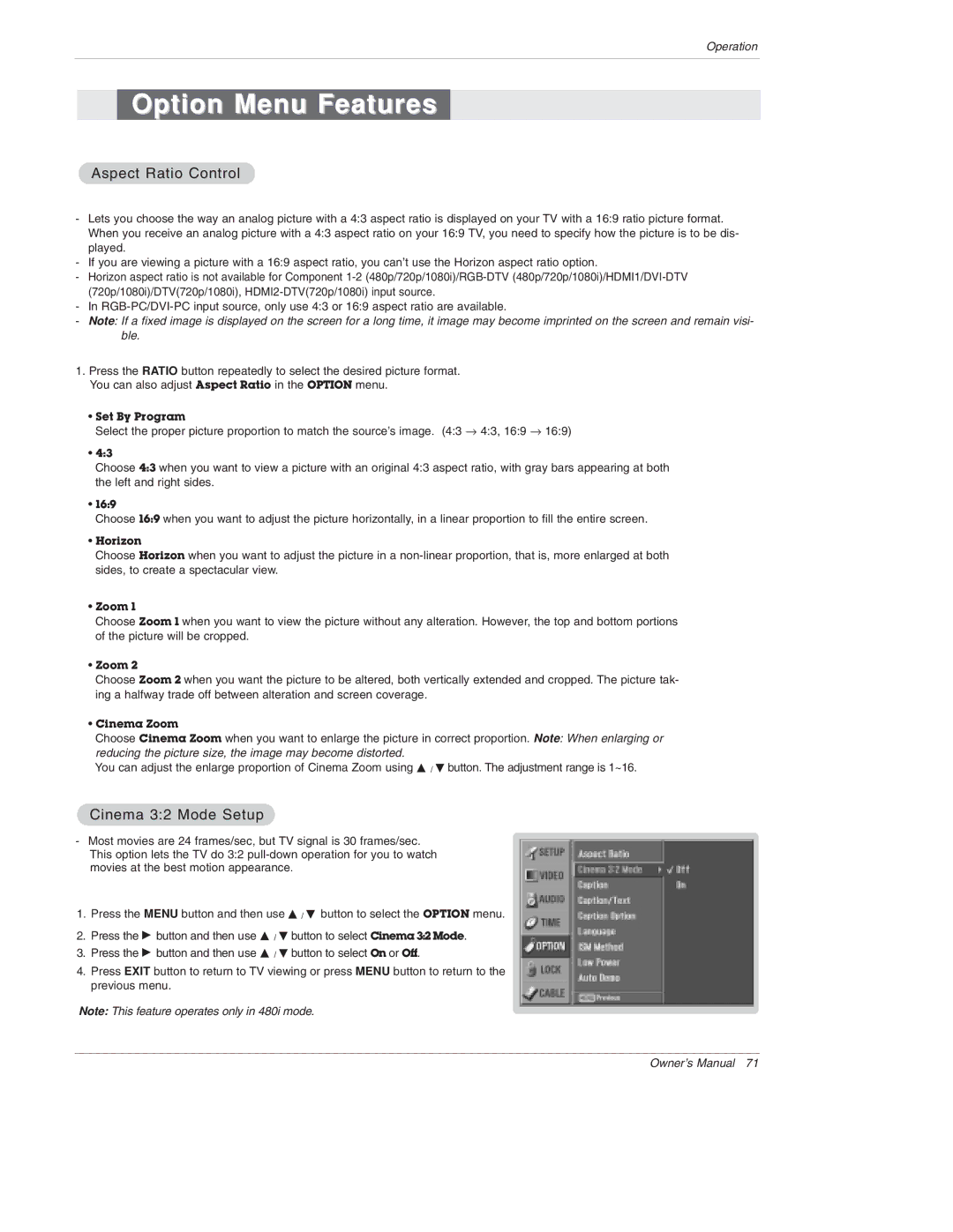 LG Electronics 50PX4D, 50PX5D, 50PX4D-UB, 50PX5D-UB Option Menu Features, Aspect Ratio Control, Cinema 32 Mode Setup 