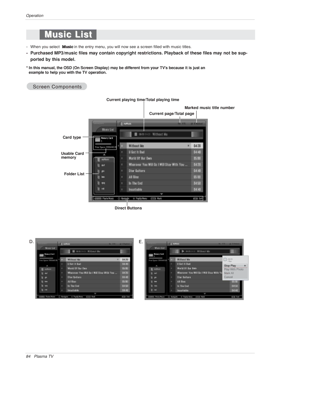 LG Electronics 50PX4D, 50PX5D, 50PX4D-UB, 50PX5D-UB owner manual Music List 