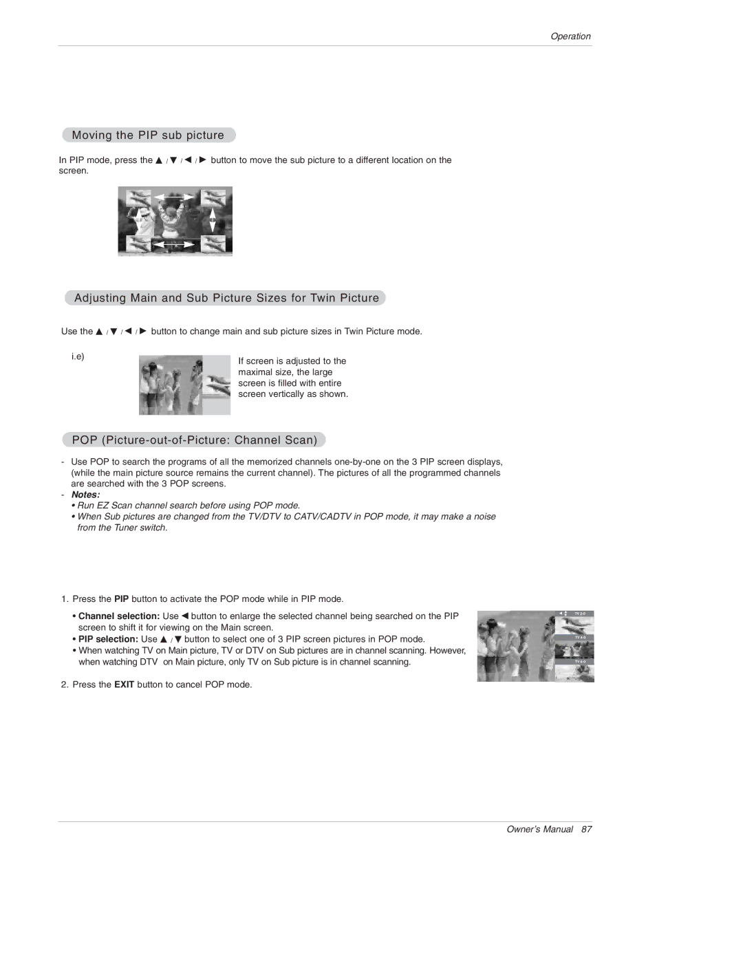 LG Electronics 50PX4D, 50PX5D, 50PX4D-UB, 50PX5D-UB Moving the PIP sub picture, POP Picture-out-of-Picture Channel Scan 