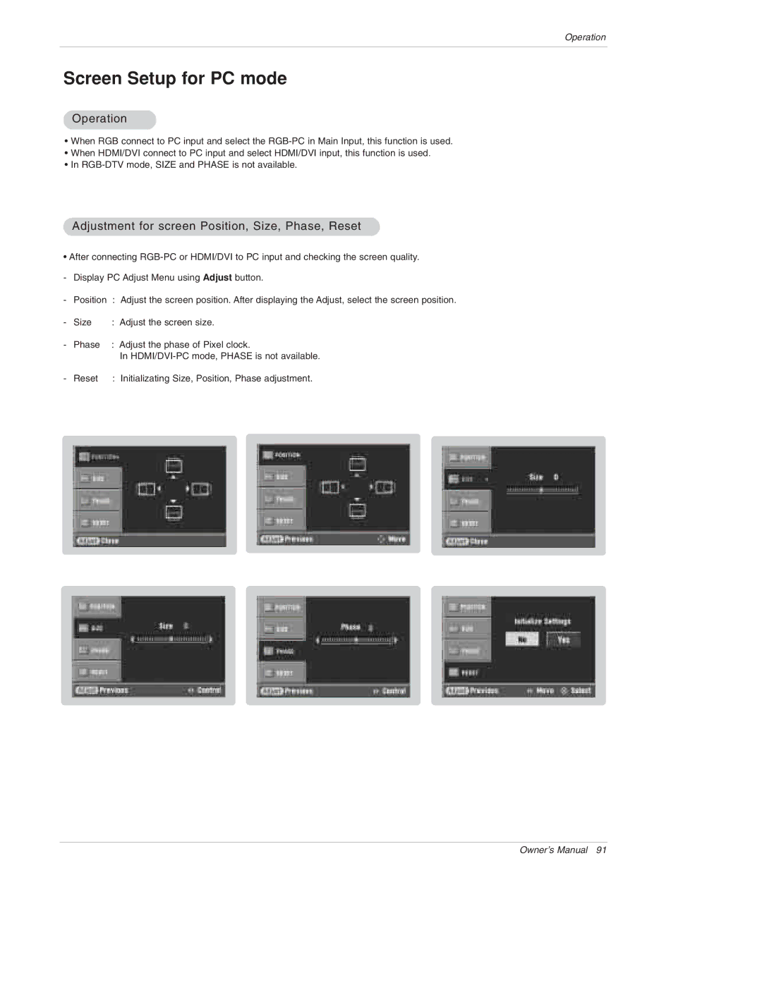 LG Electronics 50PX4D, 50PX5D, 50PX4D-UB, 50PX5D-UB Operation, Adjustment for screen Position, Size, Phase, Reset 