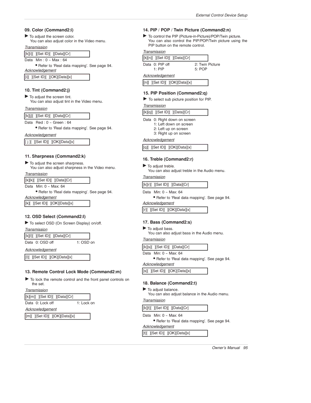 LG Electronics 50PX4D, 50PX5D, 50PX4D-UB, 50PX5D-UB Color Command2i, Tint Command2j, Sharpness Command2k, Treble Command2r 