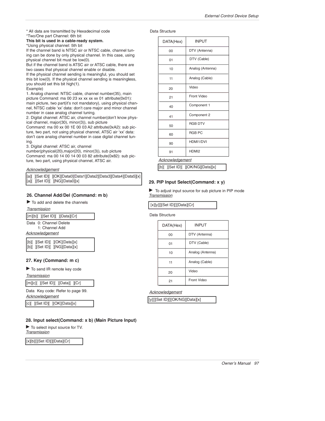 LG Electronics 50PX4D, 50PX5D, 50PX4D-UB, 50PX5D-UB owner manual Channel Add/Del Command m b, Key Command m c 