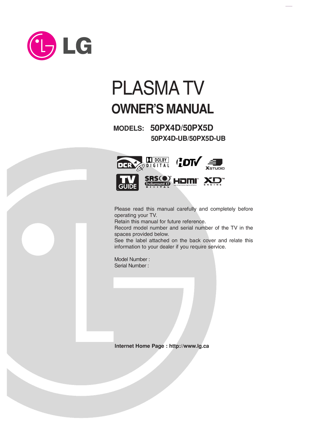 LG Electronics 50PX5D owner manual Plasma TV 