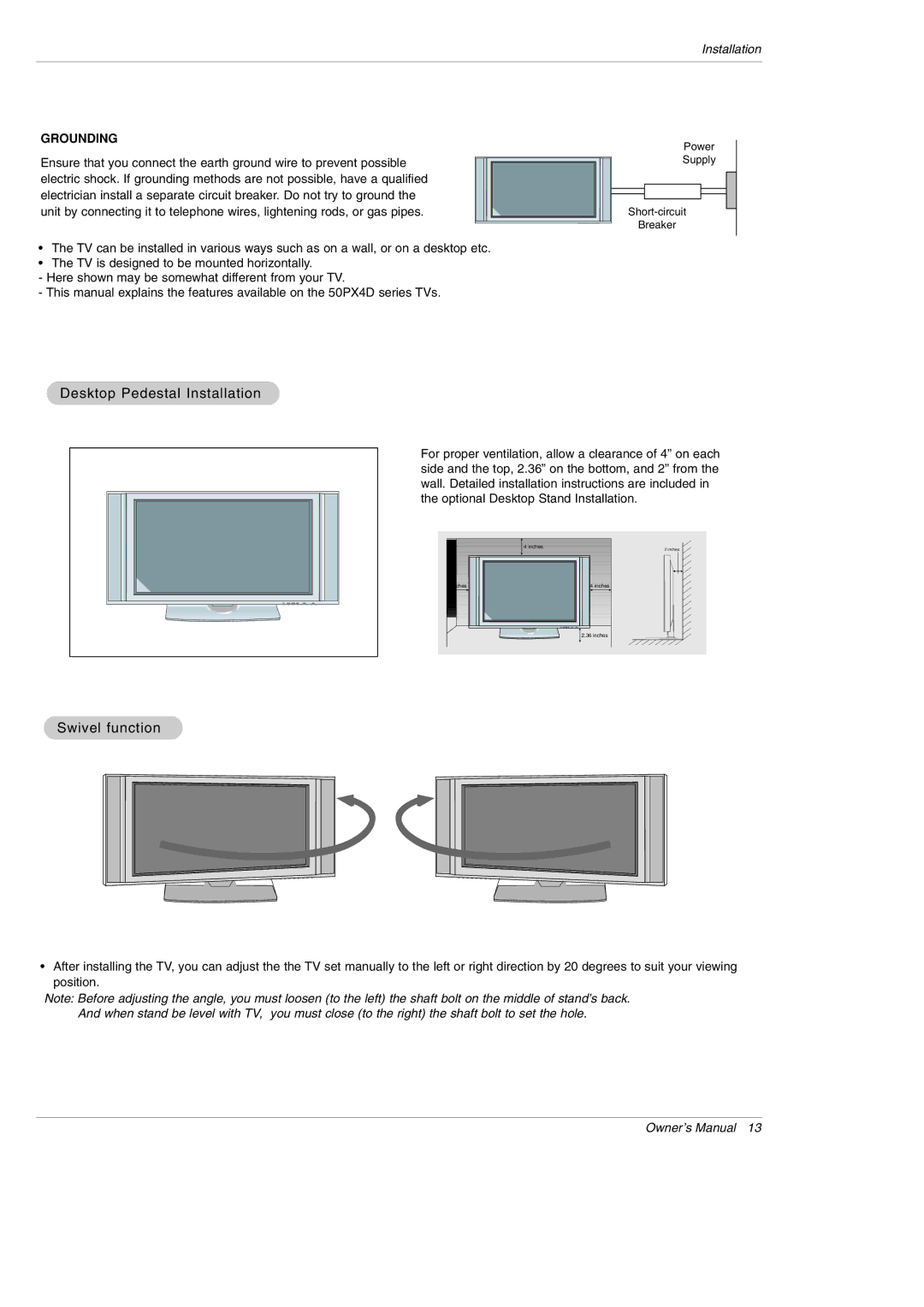 LG Electronics 50PX5D owner manual Desktop Pedestal Installation Swivel function 