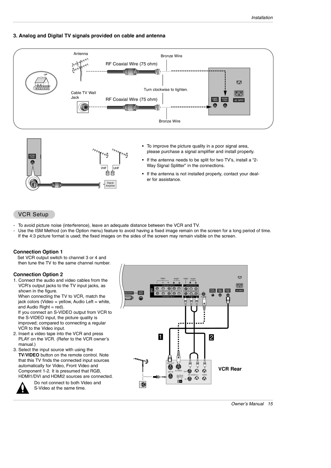 LG Electronics 50PX5D VCR Setup, Analog and Digital TV signals provided on cable and antenna, Connection Option 