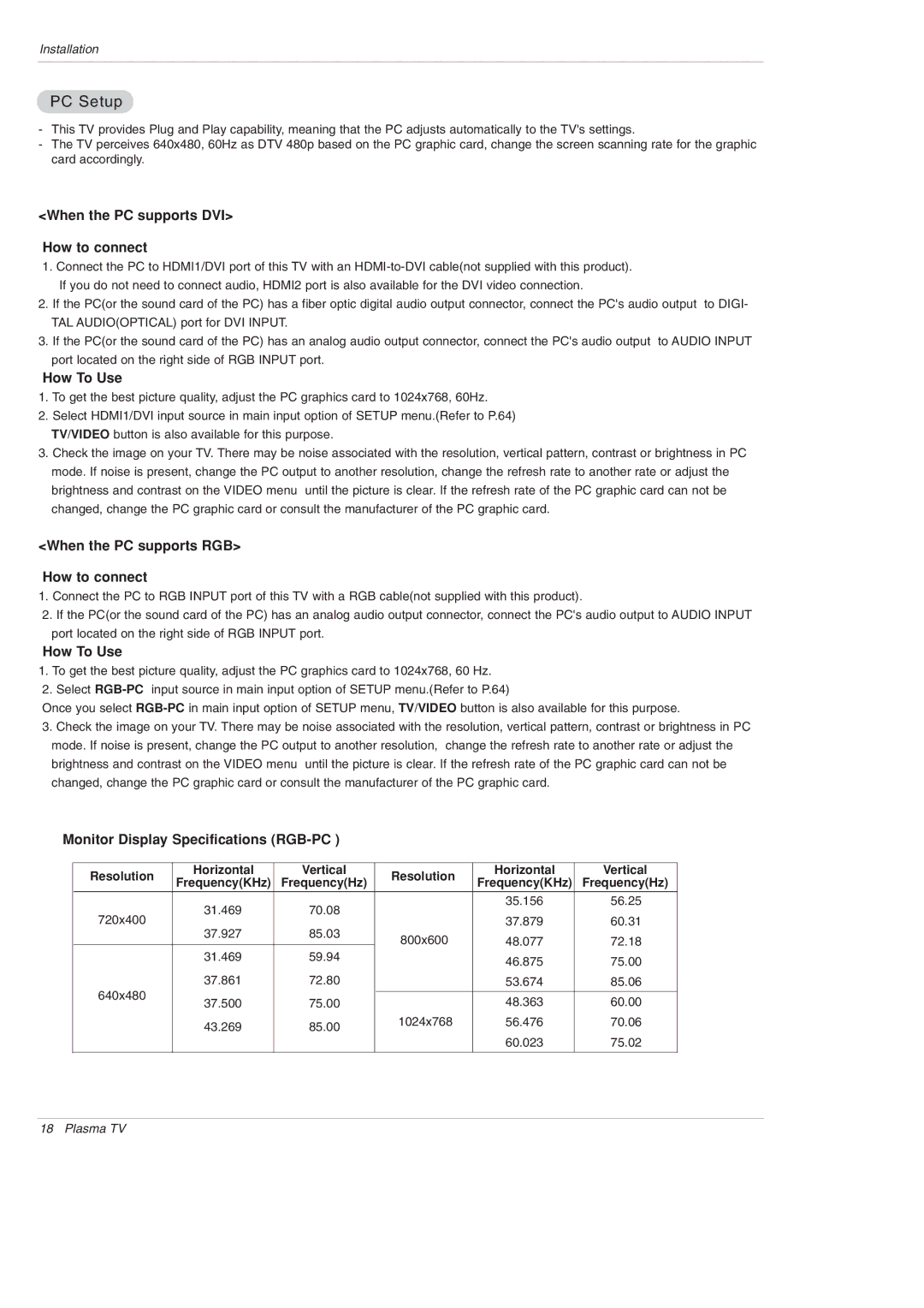 LG Electronics 50PX5D PC Setup, When the PC supports DVI How to connect, When the PC supports RGB How to connect 