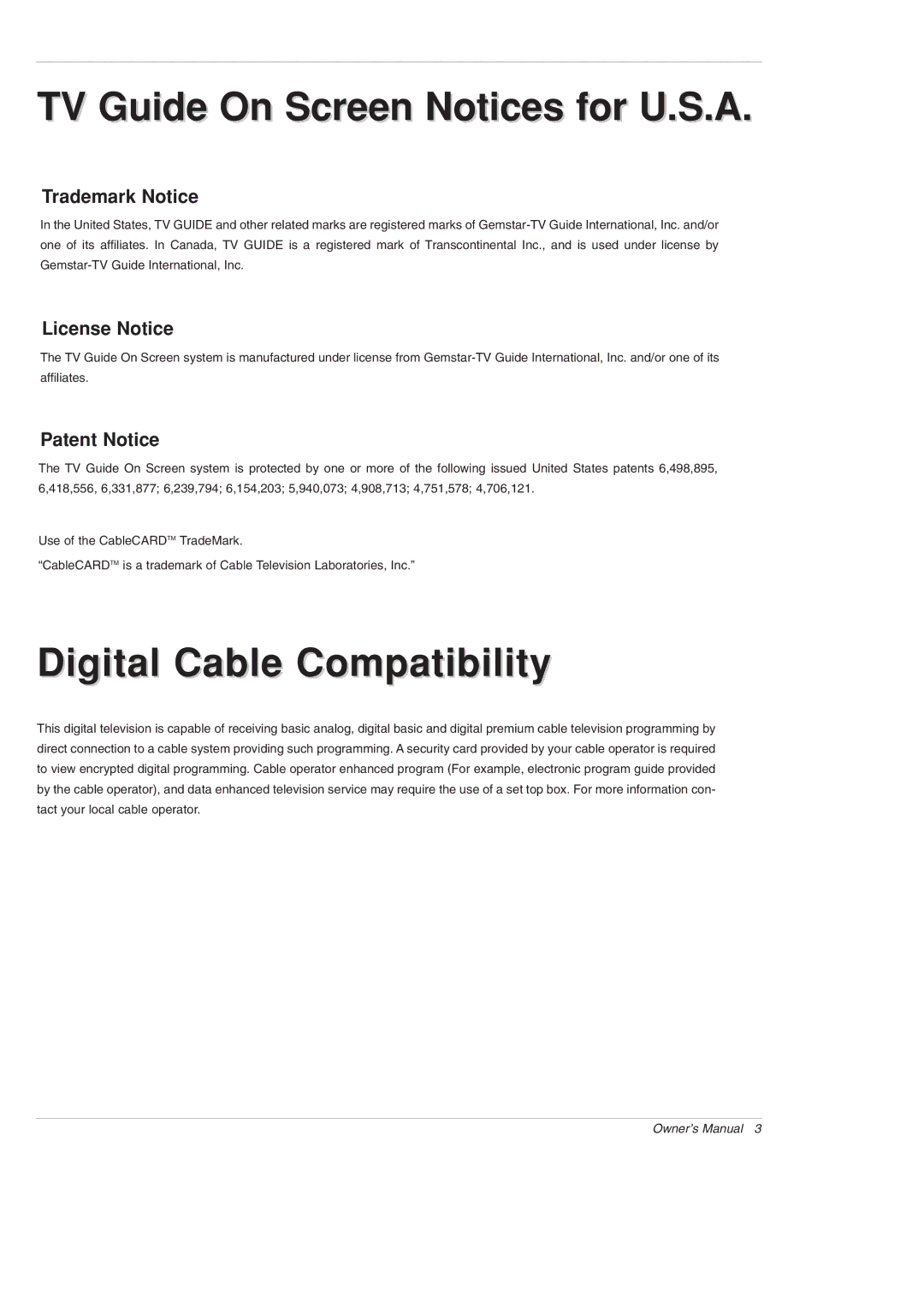 LG Electronics 50PX5D owner manual TV Guide On Screen Notices for U.S.A 