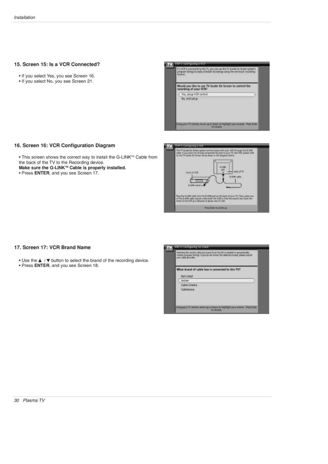 LG Electronics 50PX5D Screen 15 Is a VCR Connected?, Screen 16 VCR Configuration Diagram, Screen 17 VCR Brand Name 