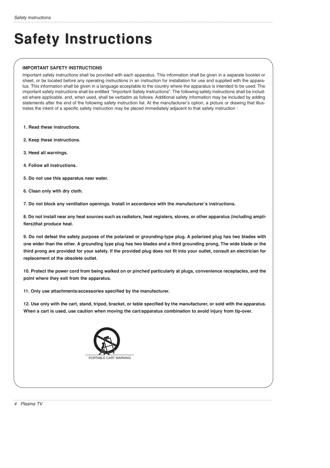 LG Electronics 50PX5D owner manual Safety Instructions 