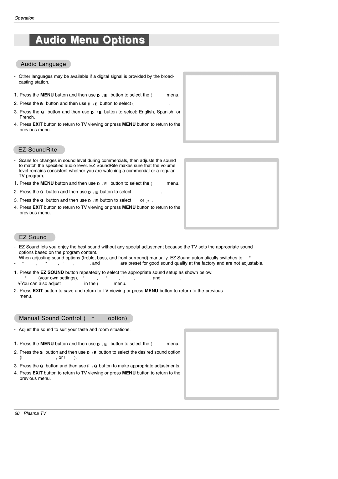LG Electronics 50PX5D owner manual Audio Menu Options, Audio Language, EZ SoundRite, Manual Sound Control Custom option 