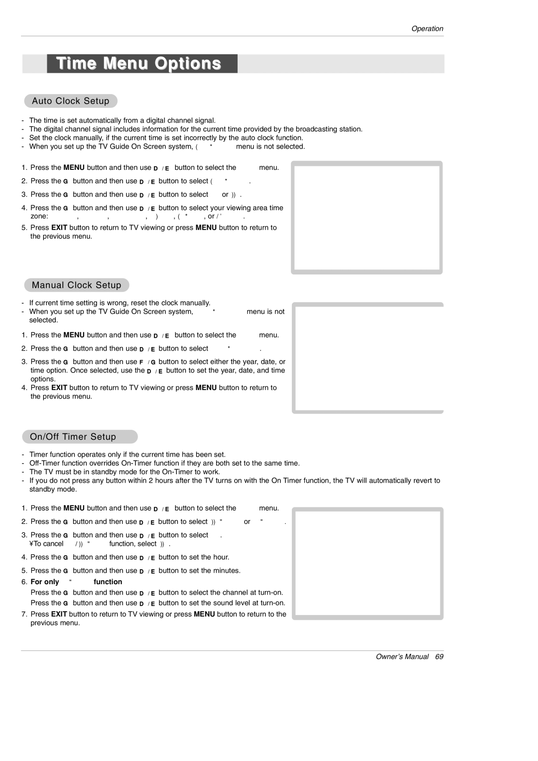 LG Electronics 50PX5D owner manual Time Menu Options, Auto Clock Setup, Manual Clock Setup, On/Off Timer Setup 