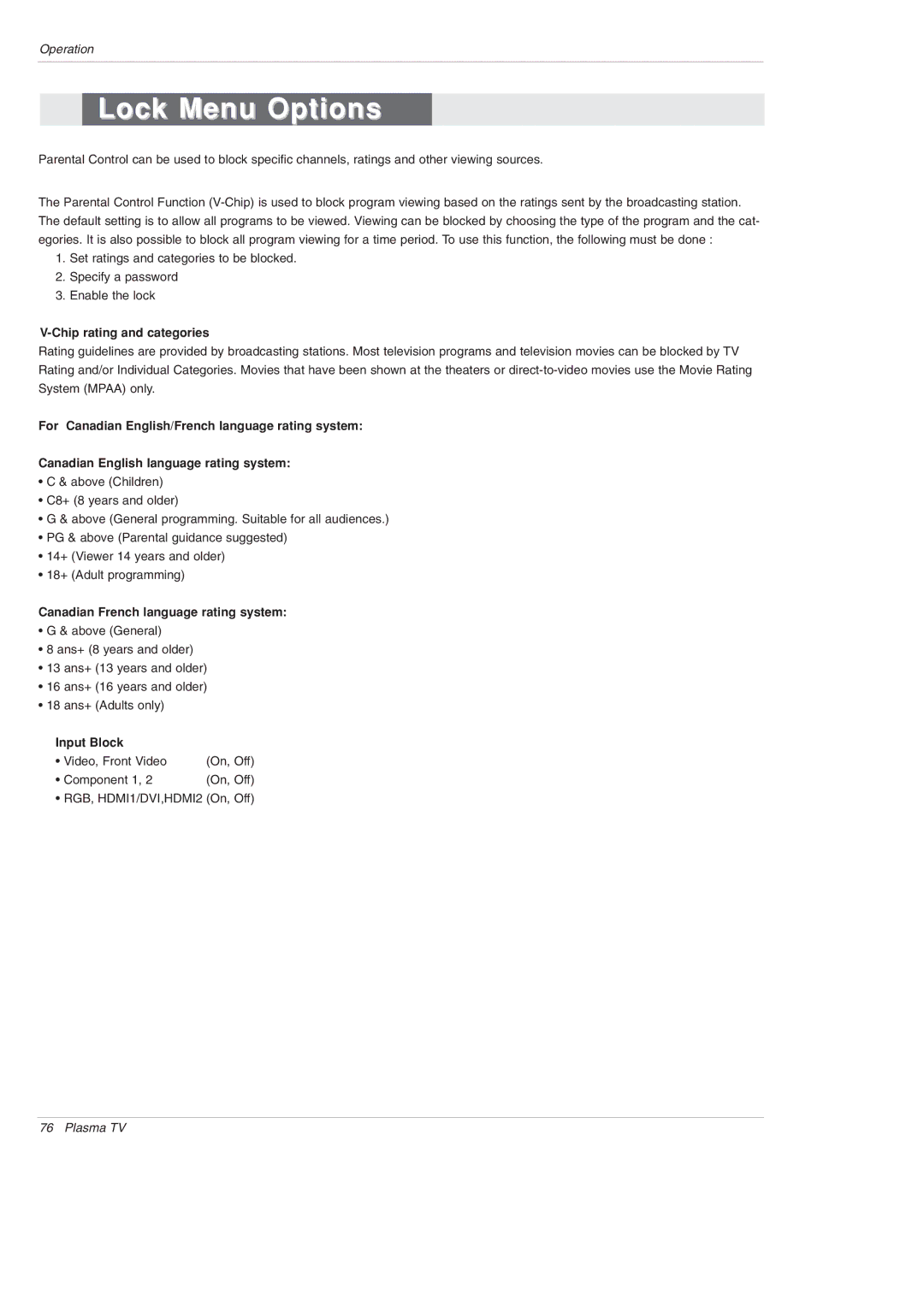 LG Electronics 50PX5D Lock Menu Options, Chip rating and categories, Canadian French language rating system, Input Block 