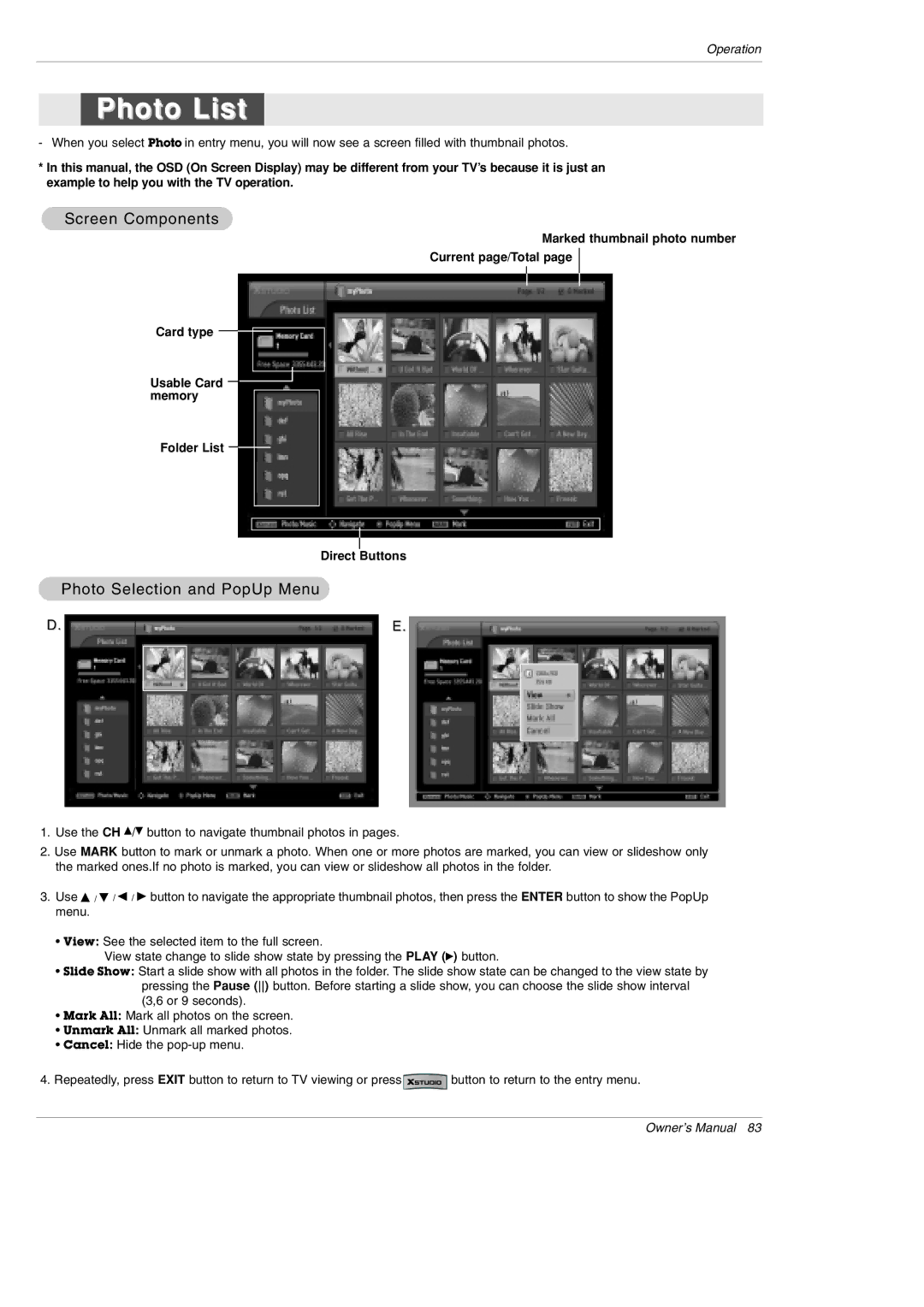 LG Electronics 50PX5D owner manual Photo List, Screen Components, Photo Selection and PopUp Menu 